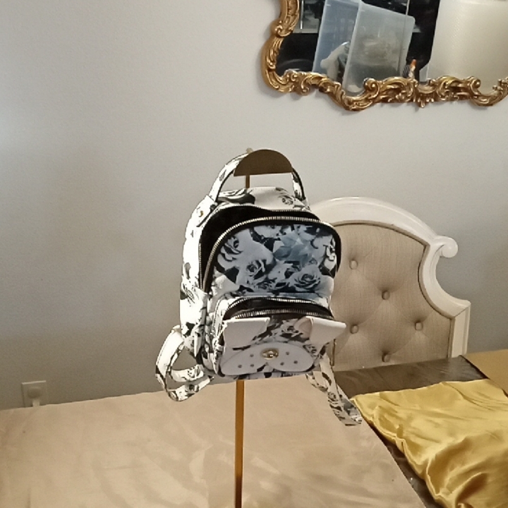 Betsey Johnson Floral Black and White Puppy Shaped Backpack EUC